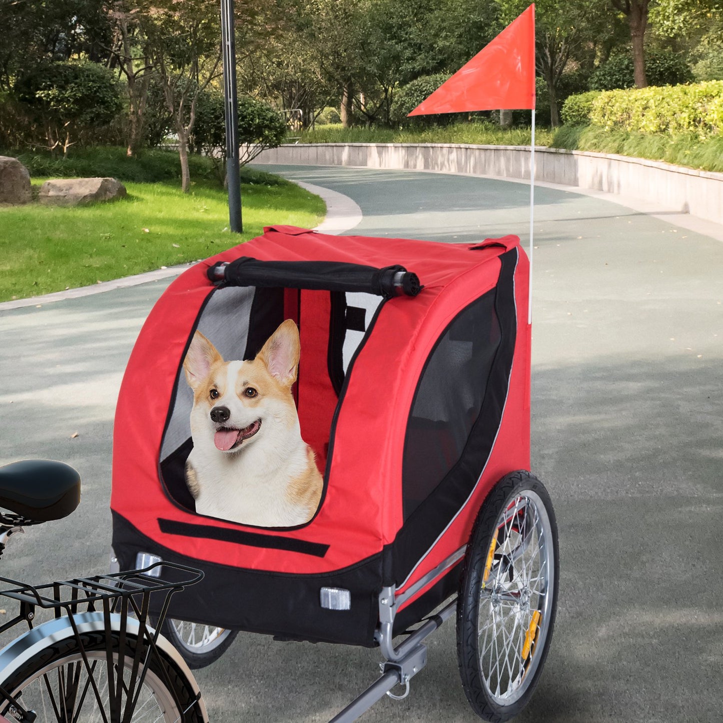 PawHut Foldable Pet Bike Trailer Dog Cat Travel Bicycle Carrier, Red