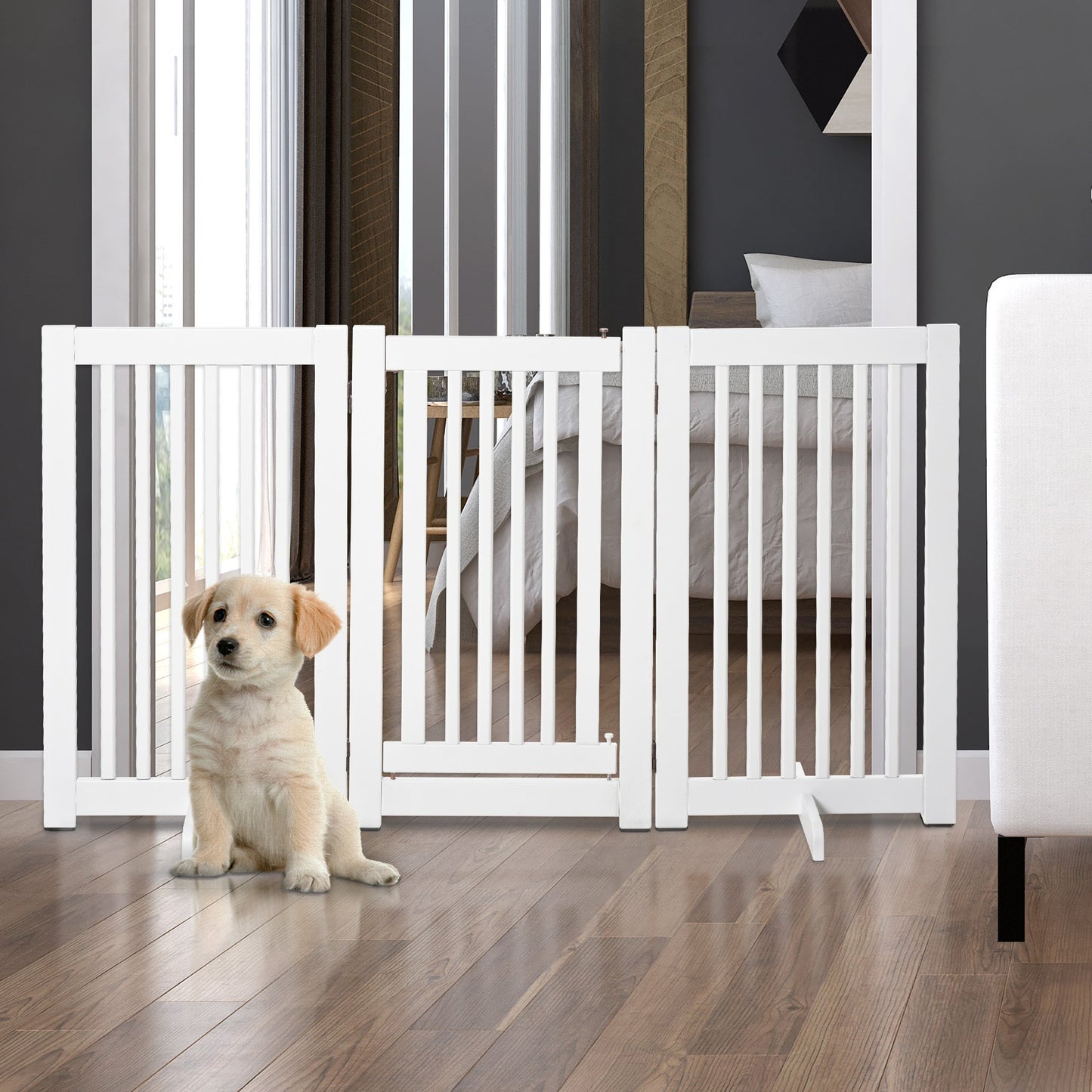 PawHut Free Standing Wood Pet Gate Indoor Dog Barrier 3 Panel Folding