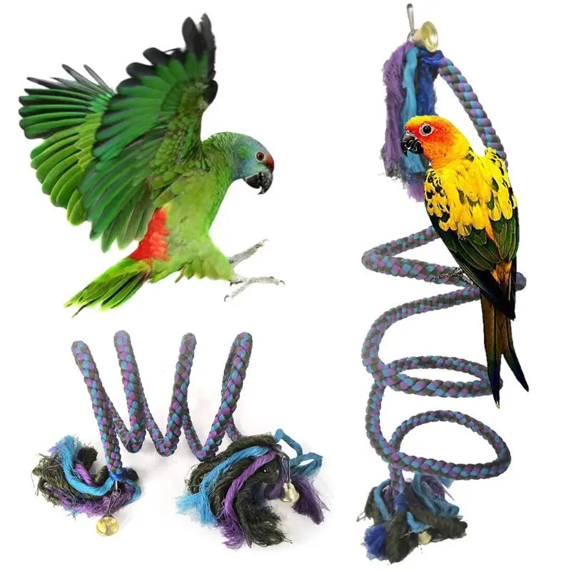 Purple Blue Bird Swing Hanging Parrot Spiral Rope Toys with Bells Chewing String Parrot Swing Toys