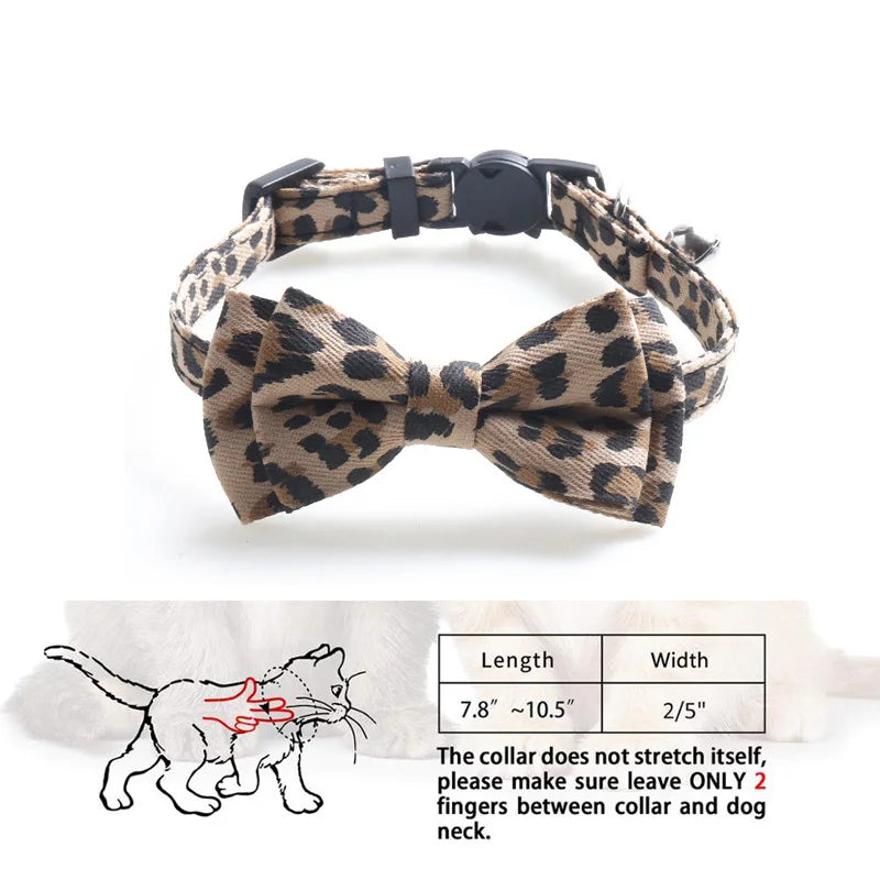 Leopard Print Bowknot Cat Collar Adjustable Buckle Kitty Bow Tie with Bells Puppy Chihuahua Small Dogs Collars Pets Supplies