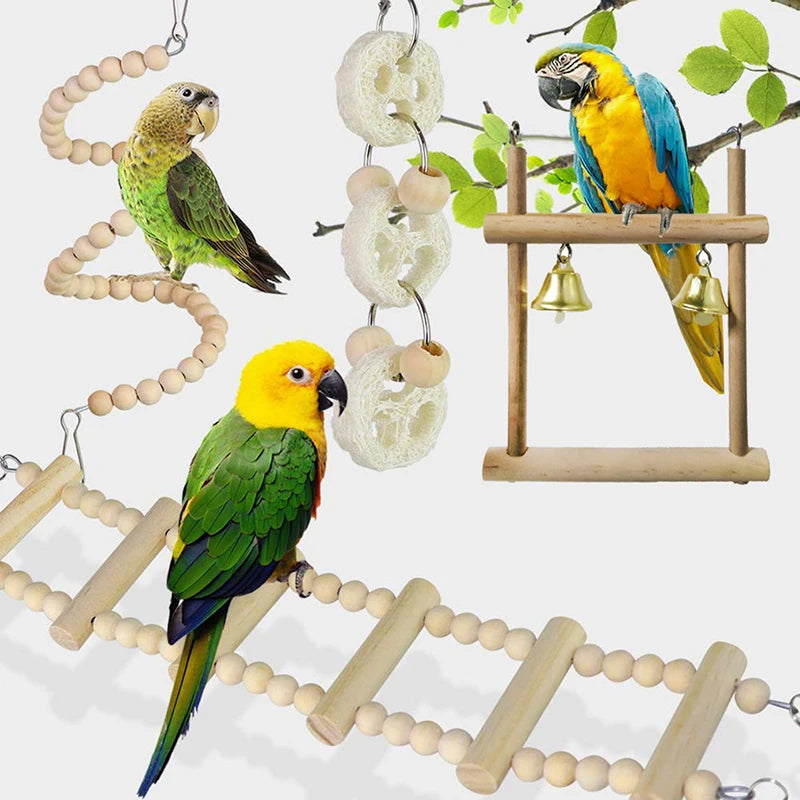 12Pcs Bird Cage Toys for Parrots Wood Birds Swing Reliable Chewable Bite Bridge Wooden Beads Shape Parrot Toy Bird Toys