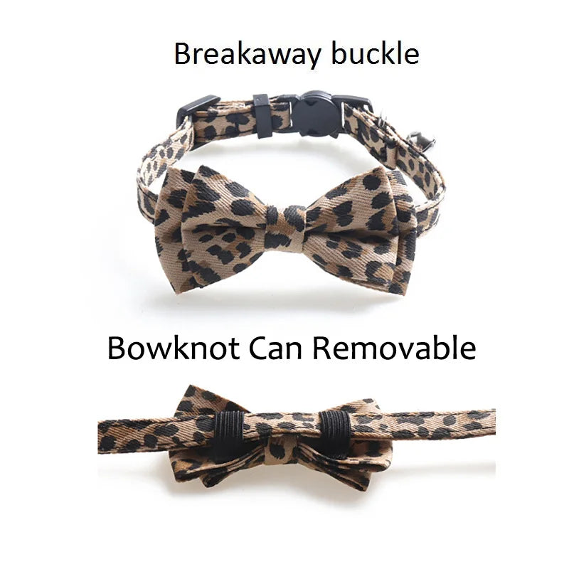 Leopard Print Bowknot Cat Collar Adjustable Buckle Kitty Bow Tie with Bells Puppy Chihuahua Small Dogs Collars Pets Supplies