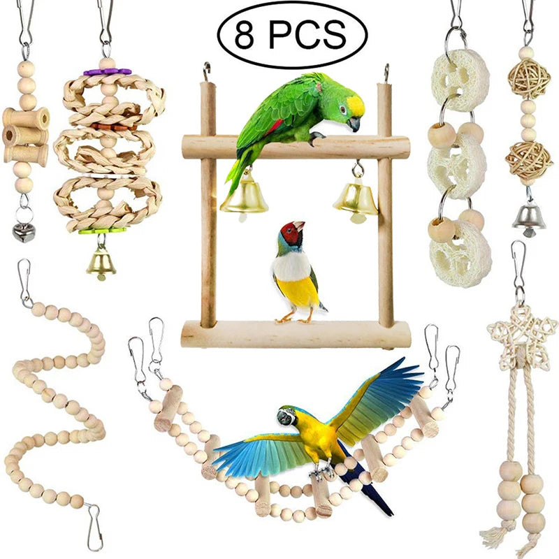 12Pcs Bird Cage Toys for Parrots Wood Birds Swing Reliable Chewable Bite Bridge Wooden Beads Shape Parrot Toy Bird Toys