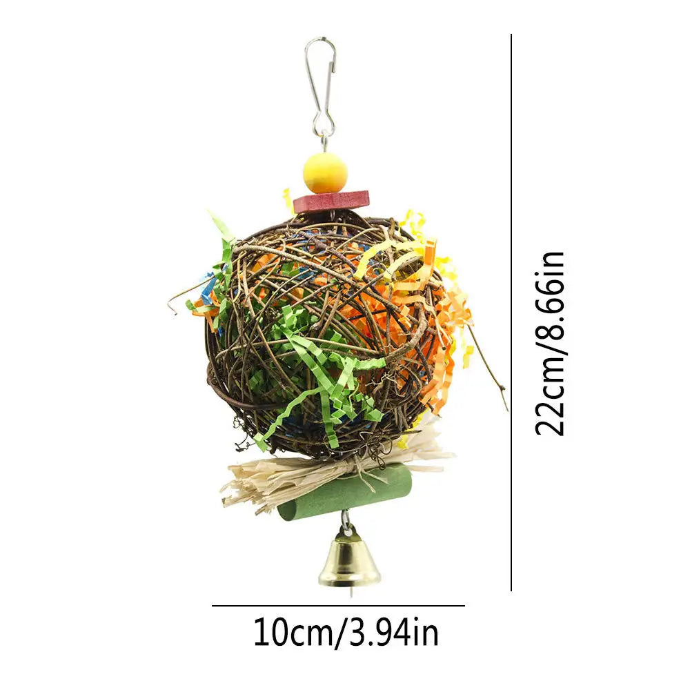 1pc Bird Parrot Toy Wooden Grass Chewing Bite Hanging Cage Swing Climb Chew Toys with Bell Natural Wood Christmas Gifts