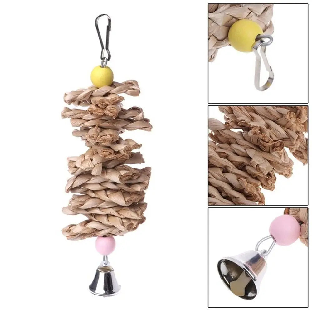 1pc Bird Parrot Toy Wooden Grass Chewing Bite Hanging Cage Swing Climb Chew Toys with Bell Natural Wood Christmas Gifts