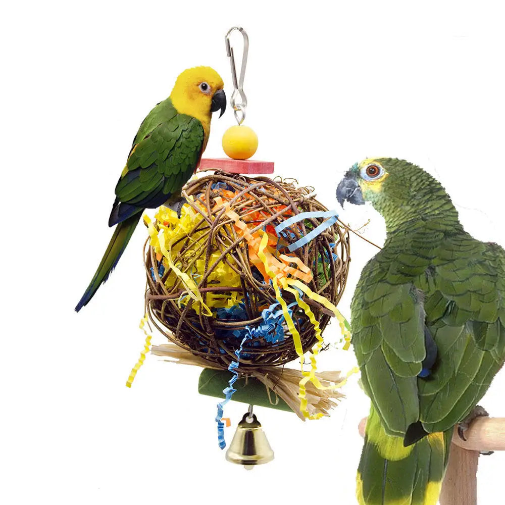 1pc Bird Parrot Toy Wooden Grass Chewing Bite Hanging Cage Swing Climb Chew Toys with Bell Natural Wood Christmas Gifts