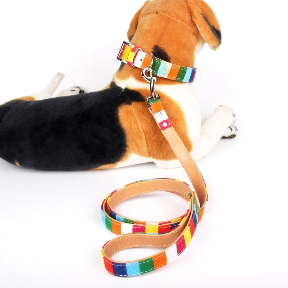 Pet Supplies Durable Padded Dog Leash for Small Medium Big Dog Personalized Color Stripe Canvas Plus Leather Dog Lead Training