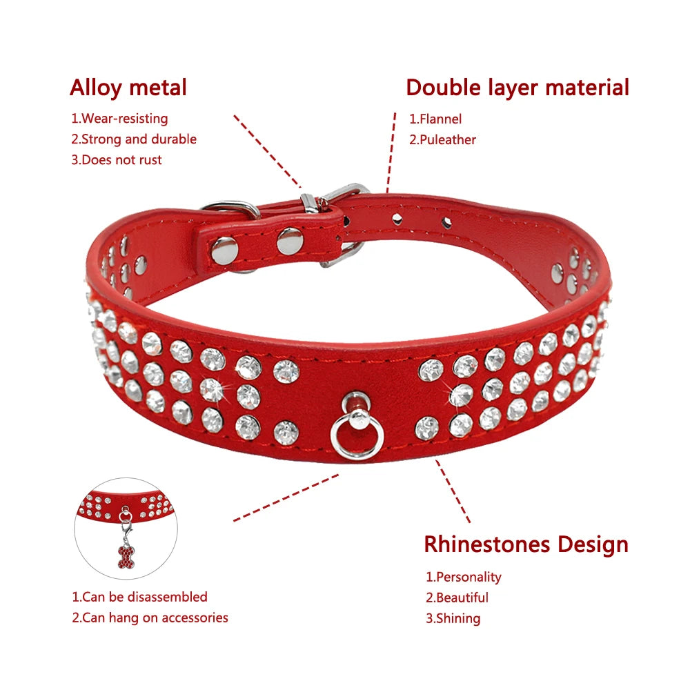 Rhinestone Dog Collar 3 Rows Suede Leather Diamante Cat Puppy Collars 5 Colors For Small Medium Dogs Chihuahua Yorkshire