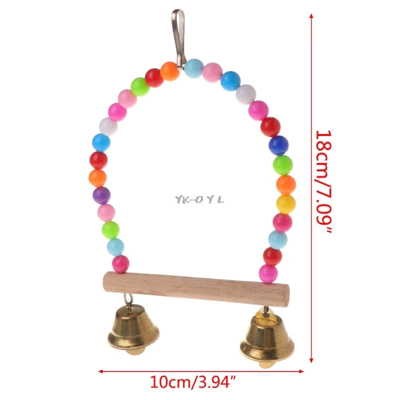 Bird Swing Chewing Toys Parrot Hanging Cage Toy Natural Wood Perch with Plastic Beads Metal Bells for Small Parrots