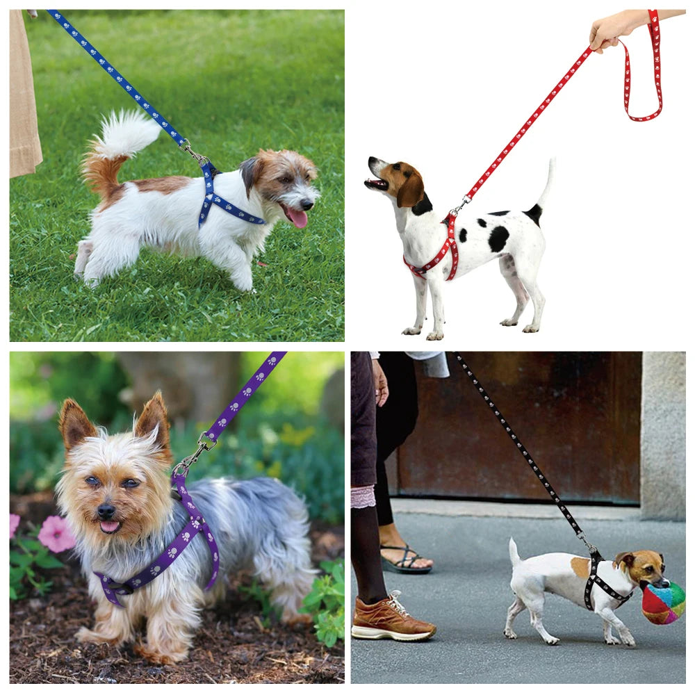 Nylon Dog Harness and Leash Set Adjustable Paw Print Dog Harness Walking Leash Strap for Small Medium Dogs S/M/L