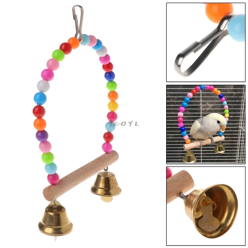 Bird Swing Chewing Toys Parrot Hanging Cage Toy Natural Wood Perch with Plastic Beads Metal Bells for Small Parrots