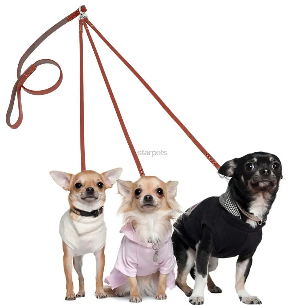 Three Way No Tangle Puppy Dog Leash Coupler Leather Triple Dog Leash Lead Tangle Free For Walking 3 Dogs