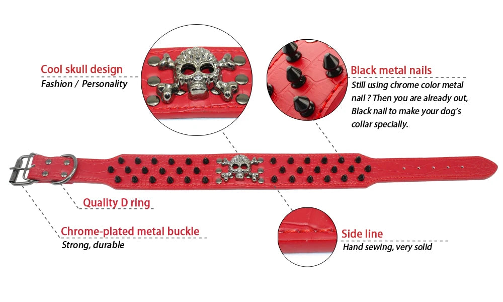 2" Wide Spiked Studded Leather Dog Collar Bullet Rivets With Cool Skull Pet Accessories For Meduim Large Dogs Pitbull Boxer S-XL