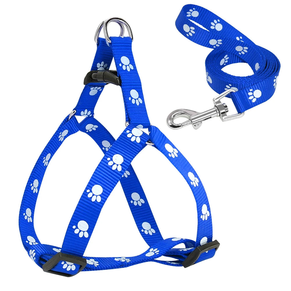 Nylon Dog Harness and Leash Set Adjustable Paw Print Dog Harness Walking Leash Strap for Small Medium Dogs S/M/L