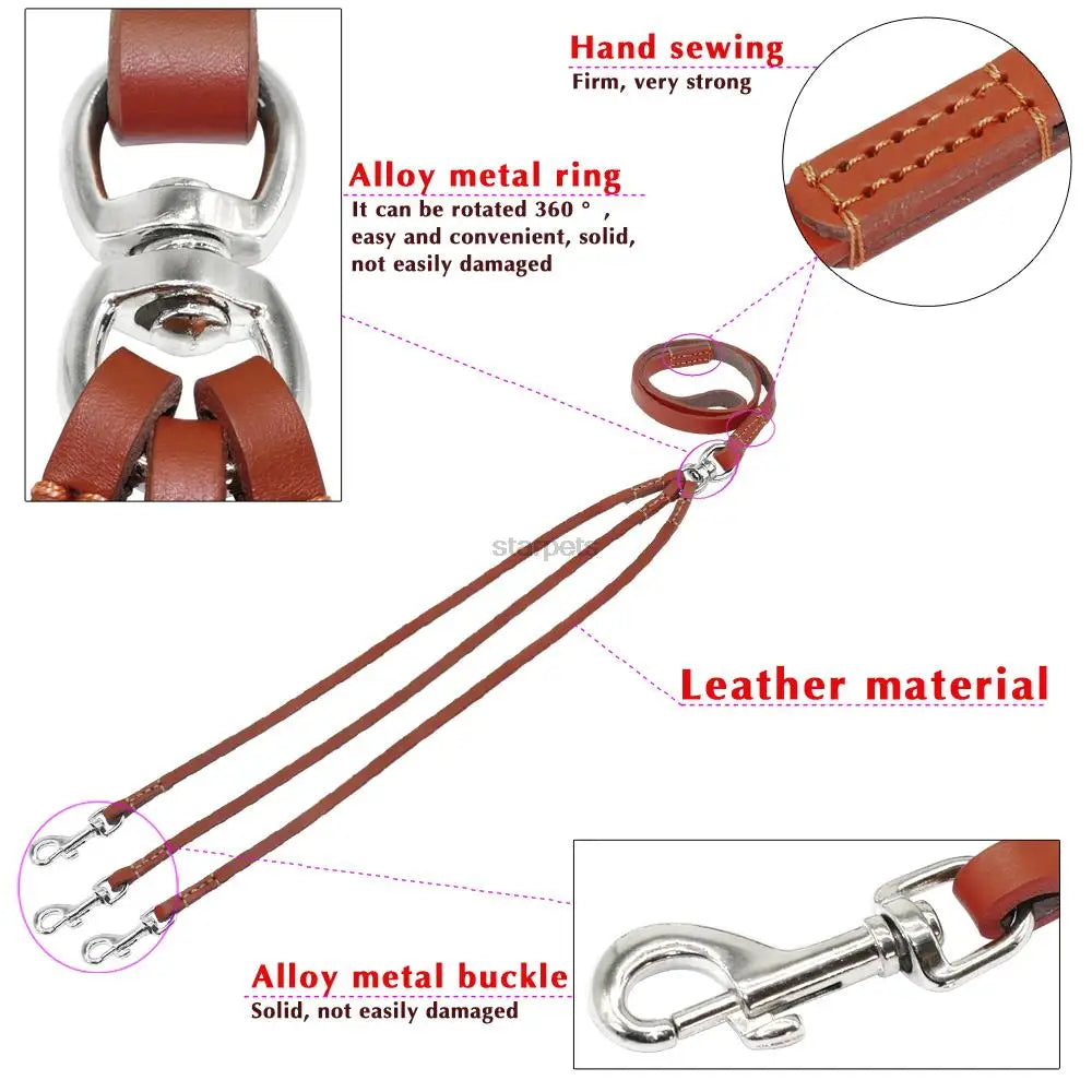 Three Way No Tangle Puppy Dog Leash Coupler Leather Triple Dog Leash Lead Tangle Free For Walking 3 Dogs