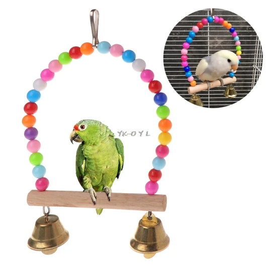 Bird Swing Chewing Toys Parrot Hanging Cage Toy Natural Wood Perch with Plastic Beads Metal Bells for Small Parrots