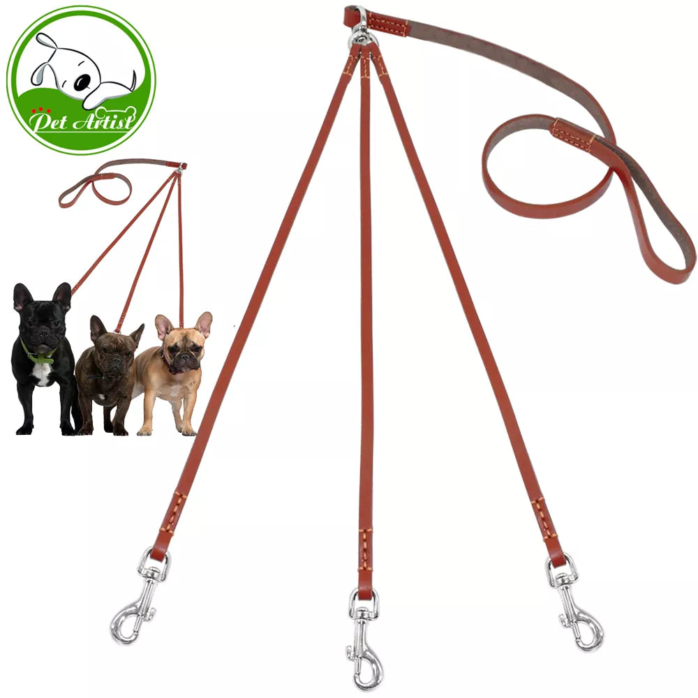 Three Way No Tangle Puppy Dog Leash Coupler Leather Triple Dog Leash Lead Tangle Free For Walking 3 Dogs