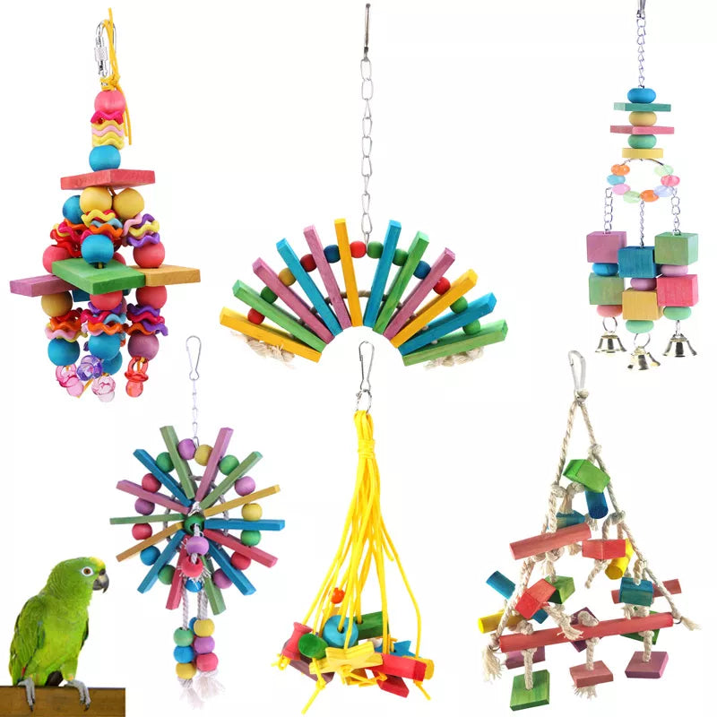 1-2PCS Plastic Wood Parrot Toy Bird Chew Biting Hanging Ornaments Funny Swing Rope Hanging Cage Swing Climb Chew Training Toy