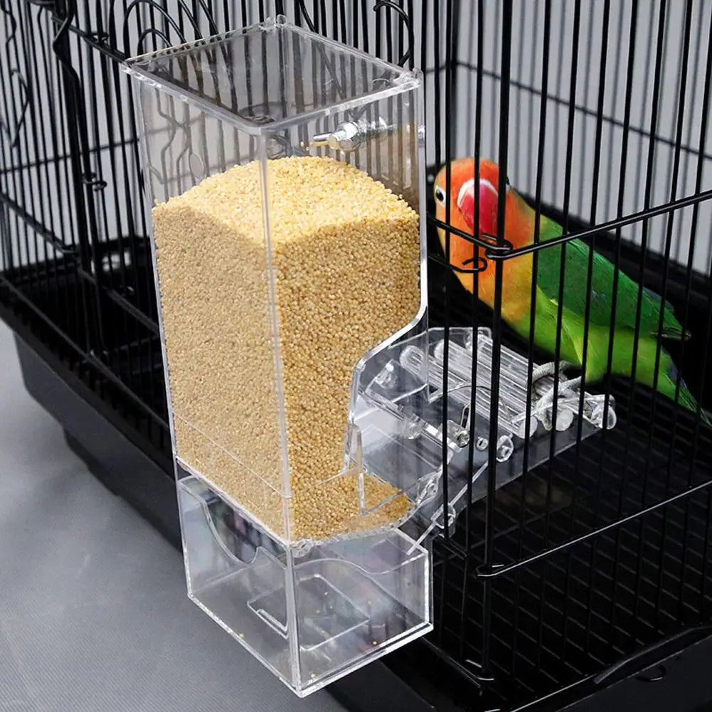 Automatic Bird Feeder Acrylic Parrot Seed Food Container Bird Cage Accessories for Parakeet Canary Cockatiel Bird Feeding Device