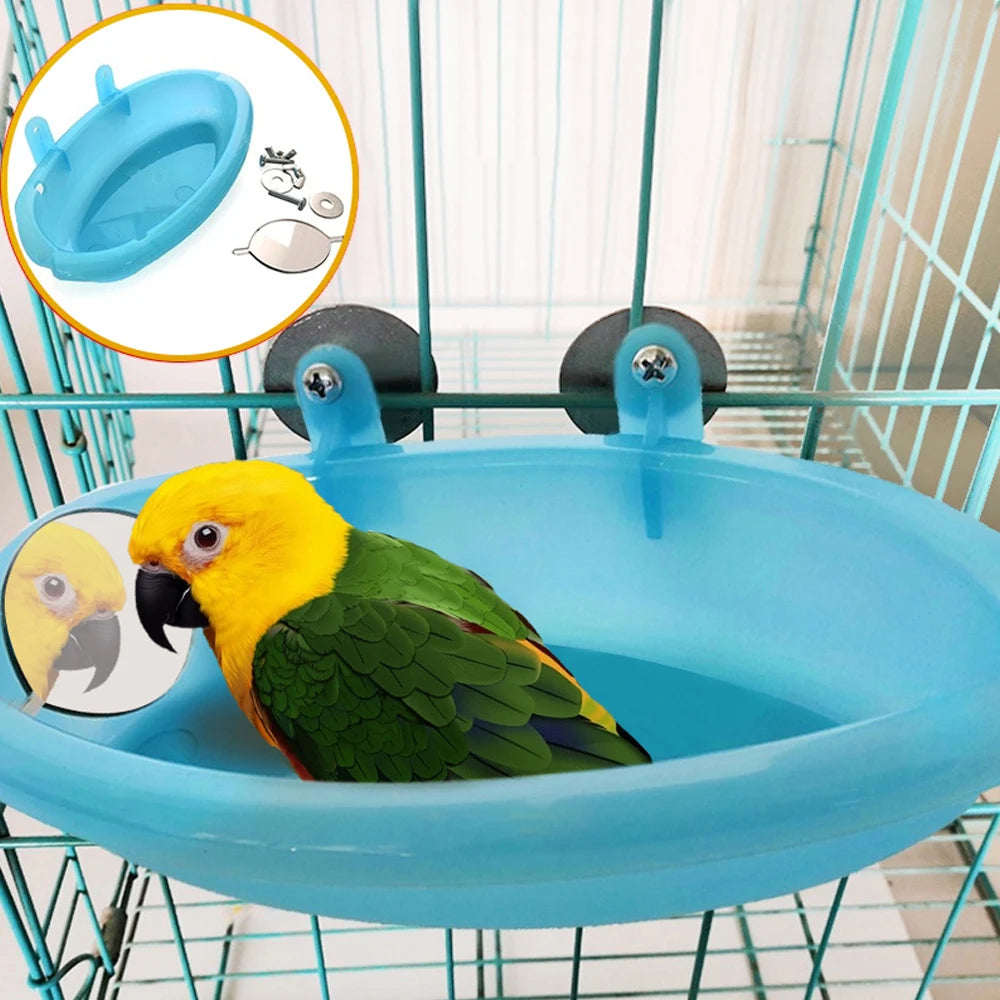 Parrot Bird Bathtub With Mirror Small Oval Bird Bathtub Pet Cage Accessories Shower Bathing Supplies Standing Box Bird Cage Toy