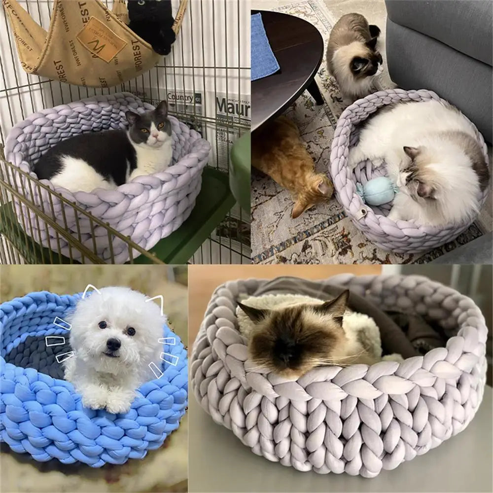 Warm Soft Pet Dogs Cats Bed Mats Handmade Knit Detachable Washable Small Dogs Cats Cave Basket Sleeping Bags Cozy Pets House