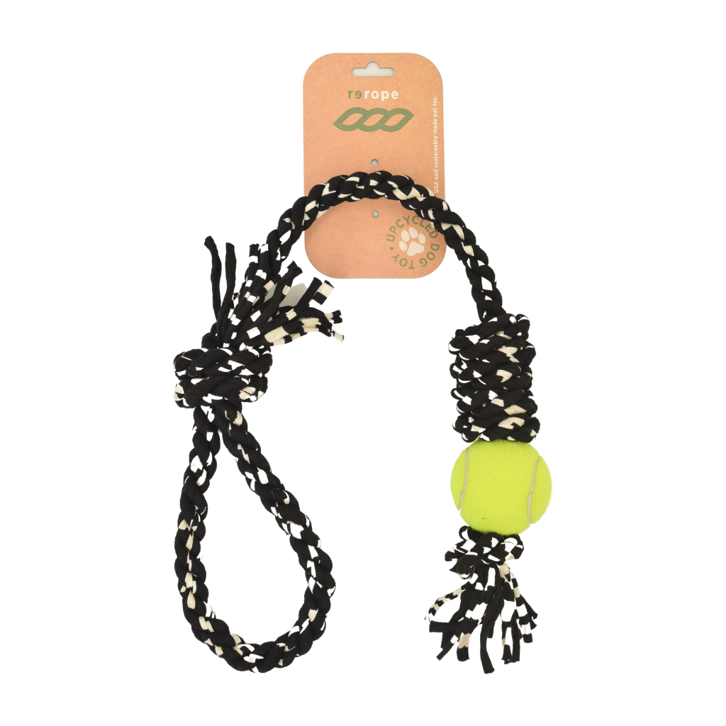 Rerope Looper Barrel with Tennis Ball Upcycled Textile Rope Dog Toys