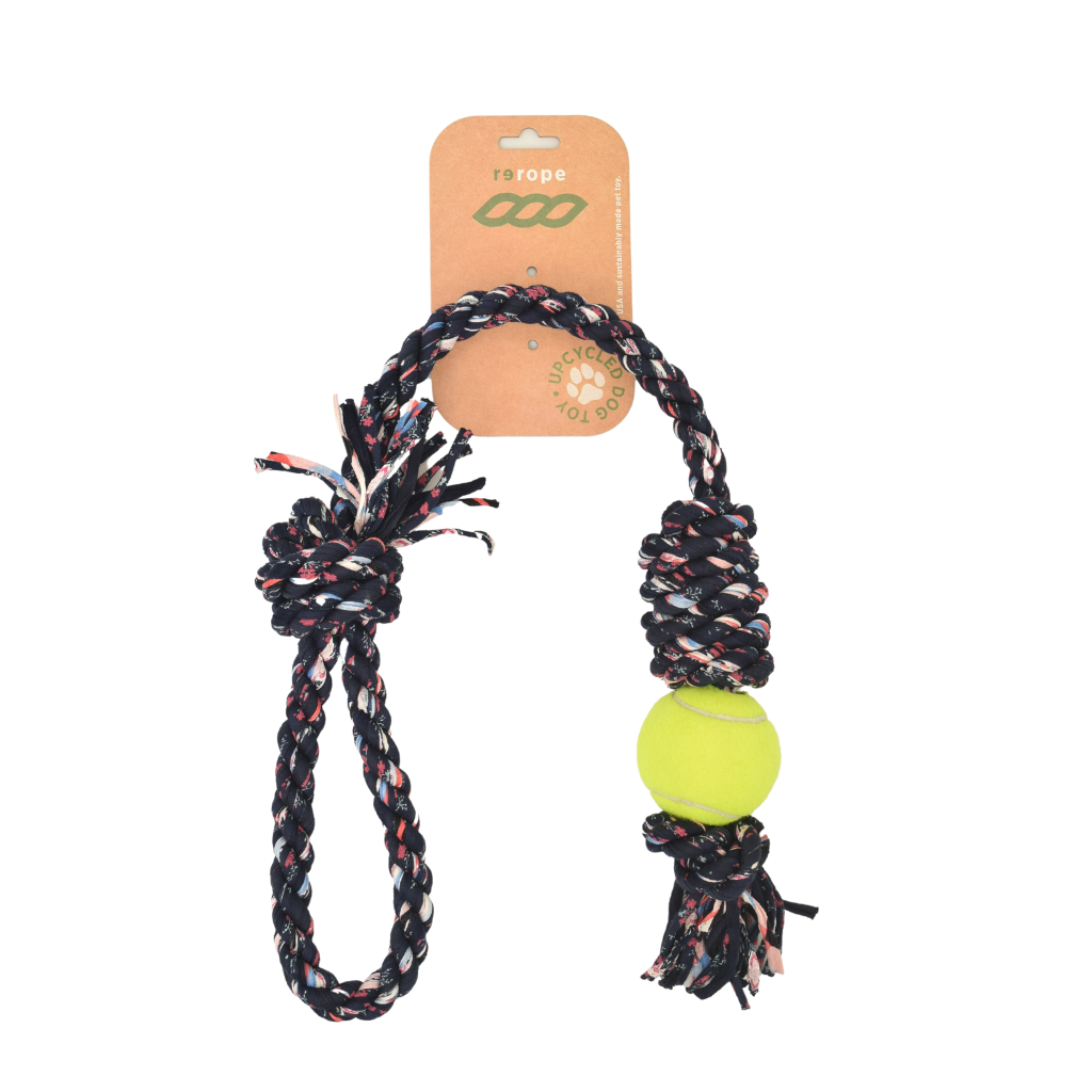 Rerope Looper Barrel with Tennis Ball Upcycled Textile Rope Dog Toys