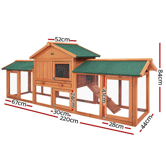 i.Pet Rabbit Hutch Chicken Coop Wooden Cage Pet Hutch 220cm x 52cm x