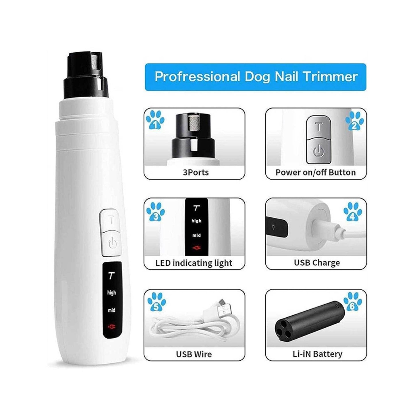 Pet Nail Grinder Dog Cat Electric Trimmer Turbo USB Rechargeable Claw