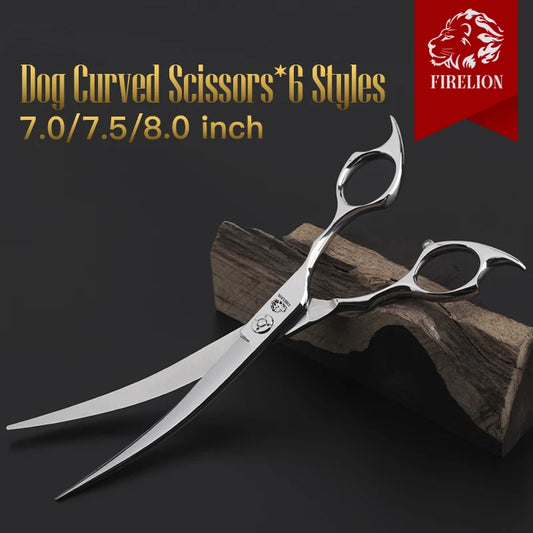 Pet Grooming Scissors FIRELION 7.0/7.5/8.0 Inch 440c Steel Professional Dog Grooming Shears Animal Curved Scissors for Dogs Hair