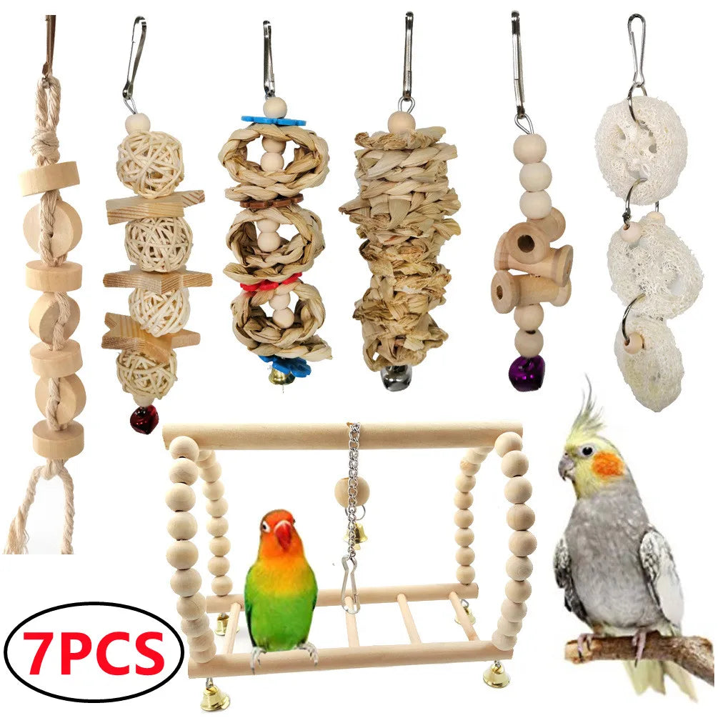 Combination Bird Toys Set Swing Chewing Training Toys Small Parrot Hanging Hammock Parrot Cage Bell Perch Toys with Ladder Toys