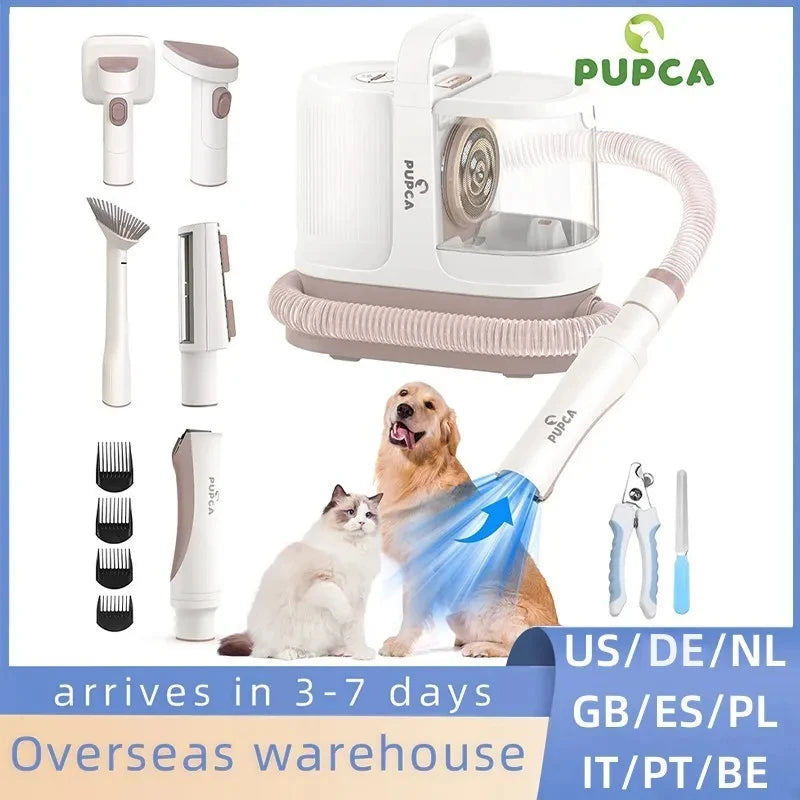 PUPCA Pet Grooming Kit 1.3L Vacuum Cleaner for Dog 99% Pet Hair 60db Low Noise & 3 Levels Suction with 7 Grooming Shedding Tools