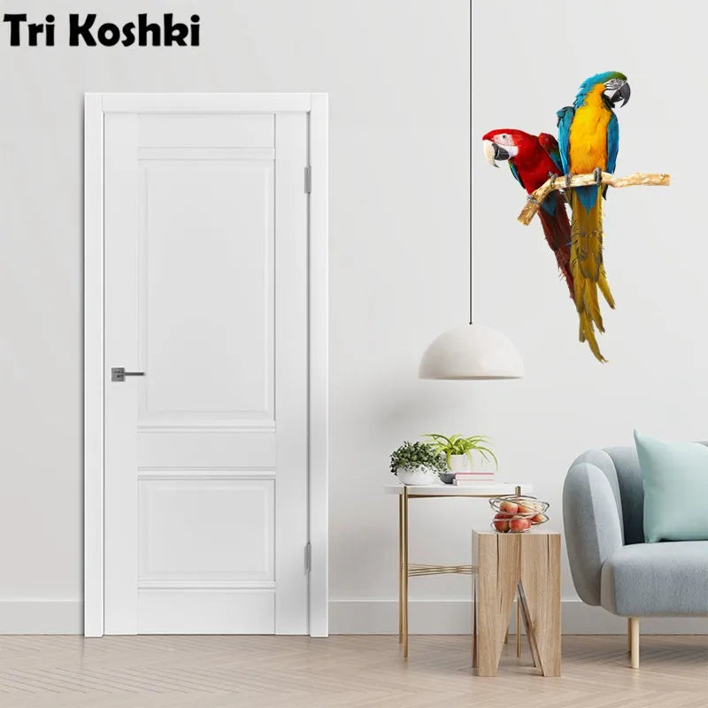 Tri koshki RC026 Animal Bird Green-Red Parrot Family Wall Sticker Waterproof PVC Decoration Door Living Room Kids Room