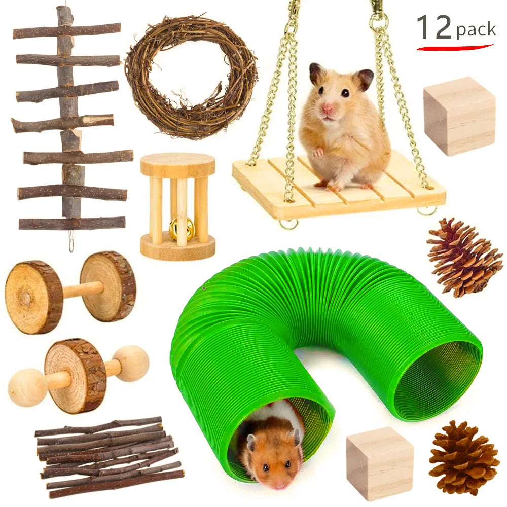 Combination Hamsters Rabbit Rat Toys Hamster Toys Set Pet Rabbit Guinea Pig Parrot Play Molar Wooden Supplies