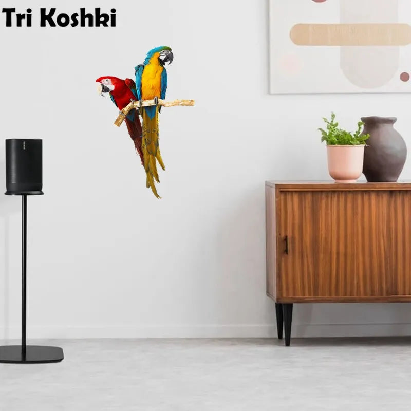 Tri koshki RC026 Animal Bird Green-Red Parrot Family Wall Sticker Waterproof PVC Decoration Door Living Room Kids Room