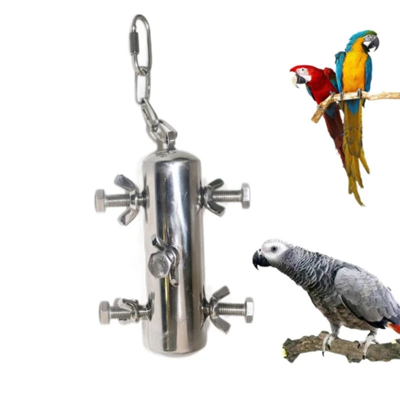 594C Parrots Toy Birdcage Standing Chewing Bell Toy Stainless Steel Hanging Perch Toy Screw Pecking Toy for Medium Large Bird