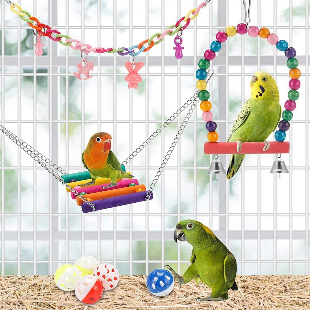 11Pcs Bird Cage Toys for Parrots Wood Birds Swing Reliable Chewable Bite Bridge Wooden Beads Shape Parrot Toy Bird Toys