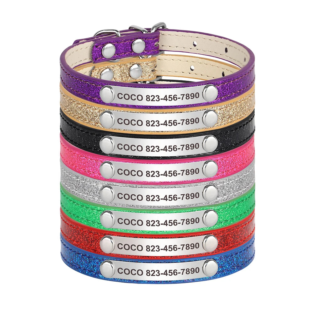 Personalized Cat Collar Custom Leather Cat Collars Free Engraved Puppy Kitten ID Necklace Bling Pet Collars for Small Dogs Cats