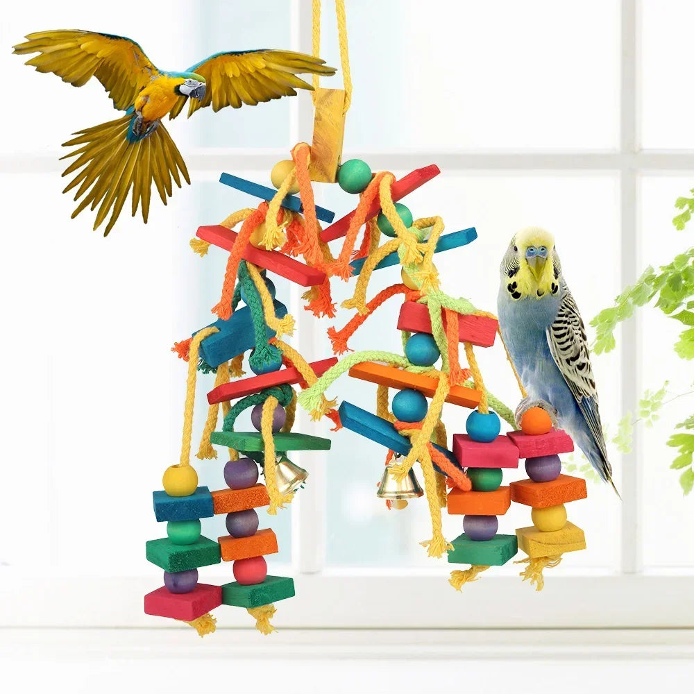 Colorful Parrot Chew Toys Natural Wooden Birds Perch Hanging Chewing Swings Cage Toy Pet Bird Climbing Ladder Game Supplies