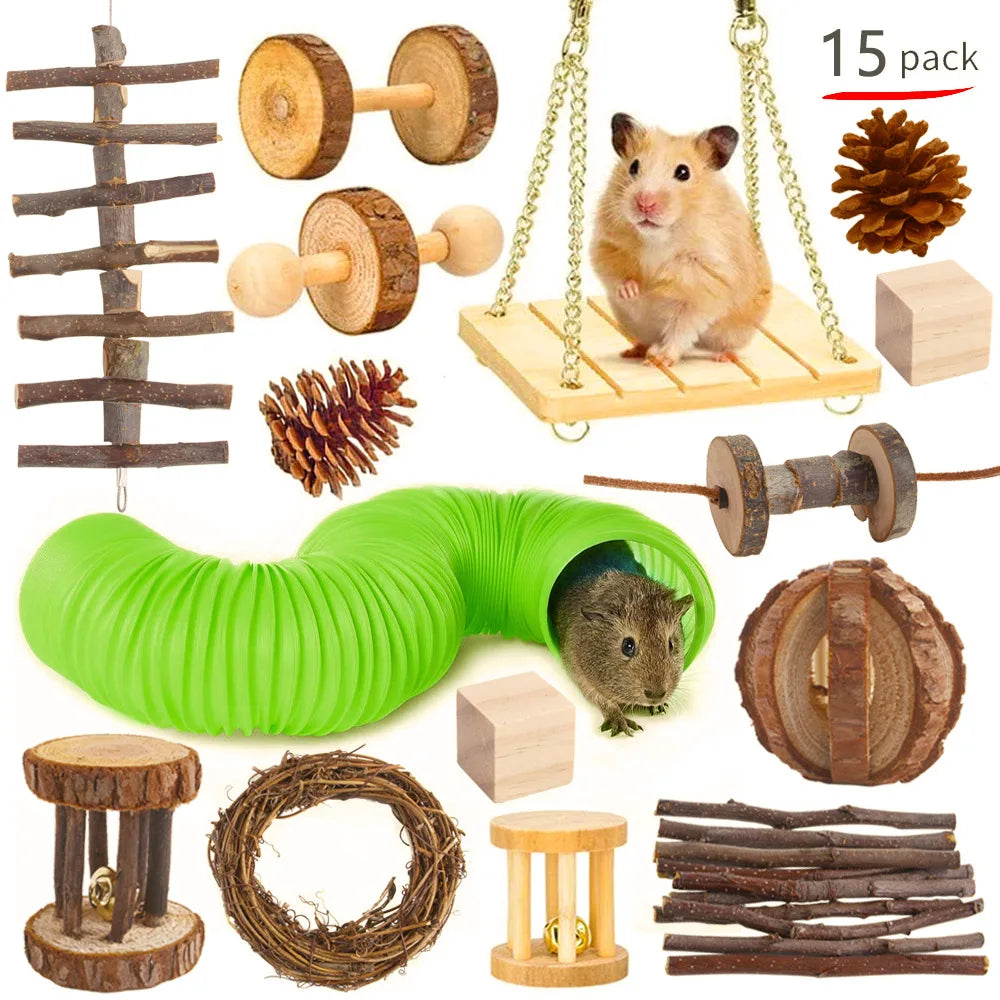 Combination Hamsters Rabbit Rat Toys Hamster Toys Set Pet Rabbit Guinea Pig Parrot Play Molar Wooden Supplies