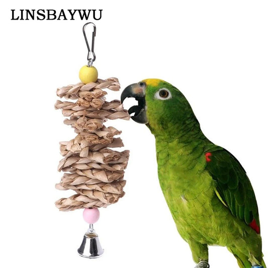 1pc Bird Parrot Toy Wooden Grass Chewing Bite Hanging Cage Swing Climb Chew Toys with Bell Natural Wood Christmas Gifts