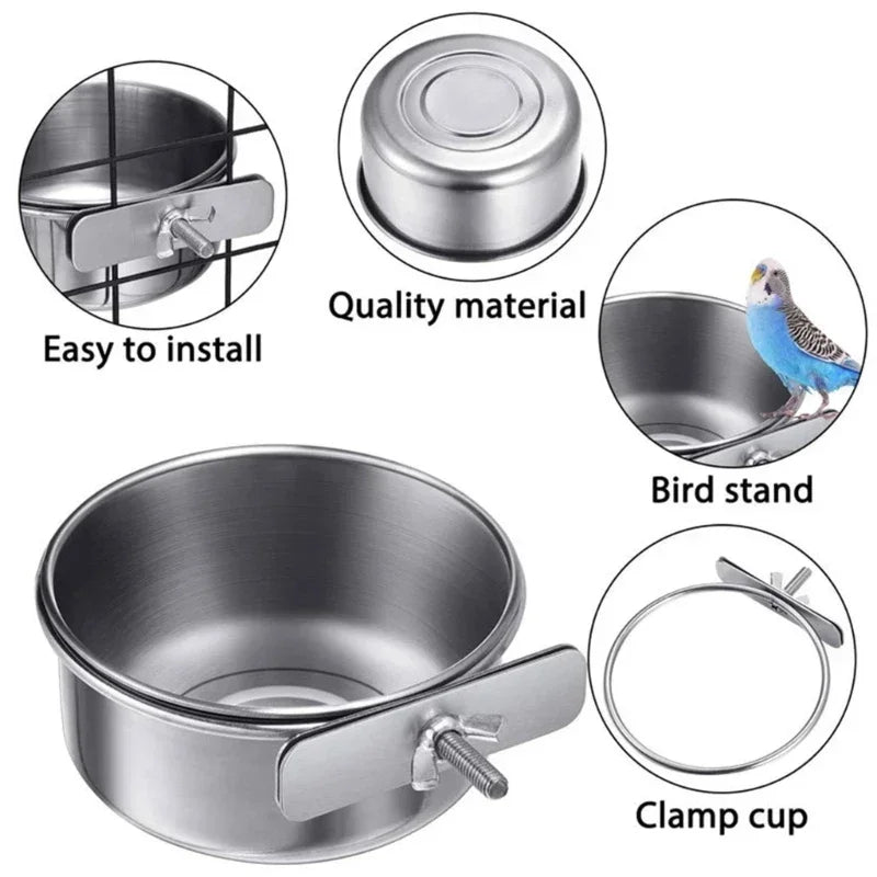 Removable Bird Feeder Bowl for Cage Stainless Steel Dish Parrot Food Bowl Drinker Feeding Cup Drinker for Small Animal Bird Cage