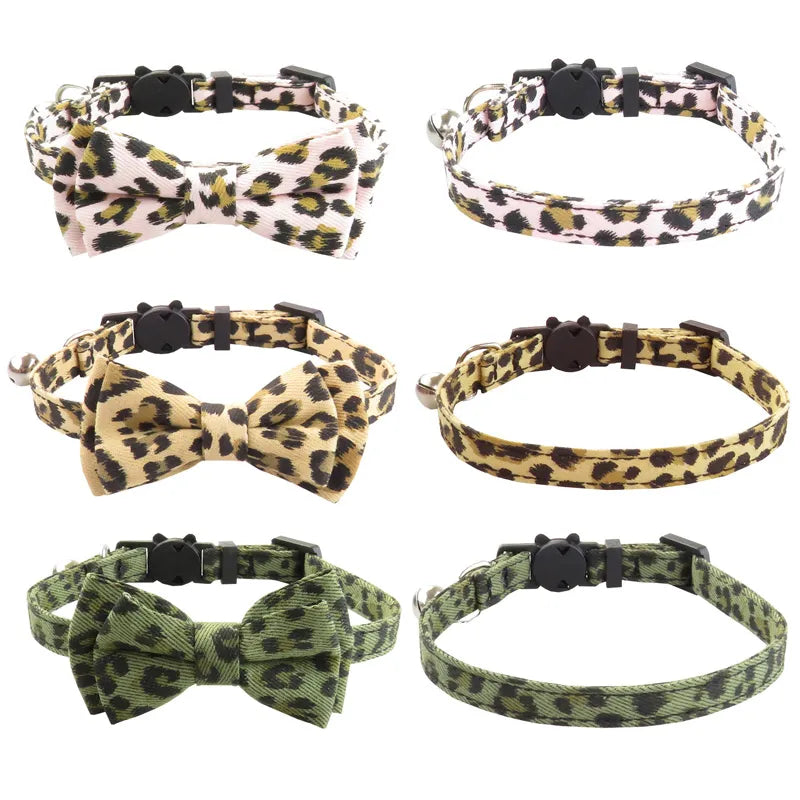 Leopard Print Bowknot Cat Collar Adjustable Buckle Kitty Bow Tie with Bells Puppy Chihuahua Small Dogs Collars Pets Supplies