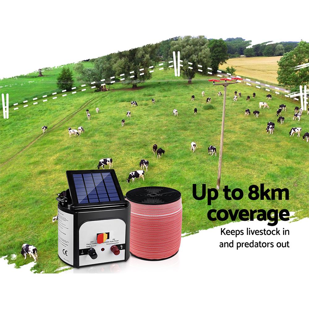 Giantz Electric Fence Energiser 8km Set Solar Powered Energizer +