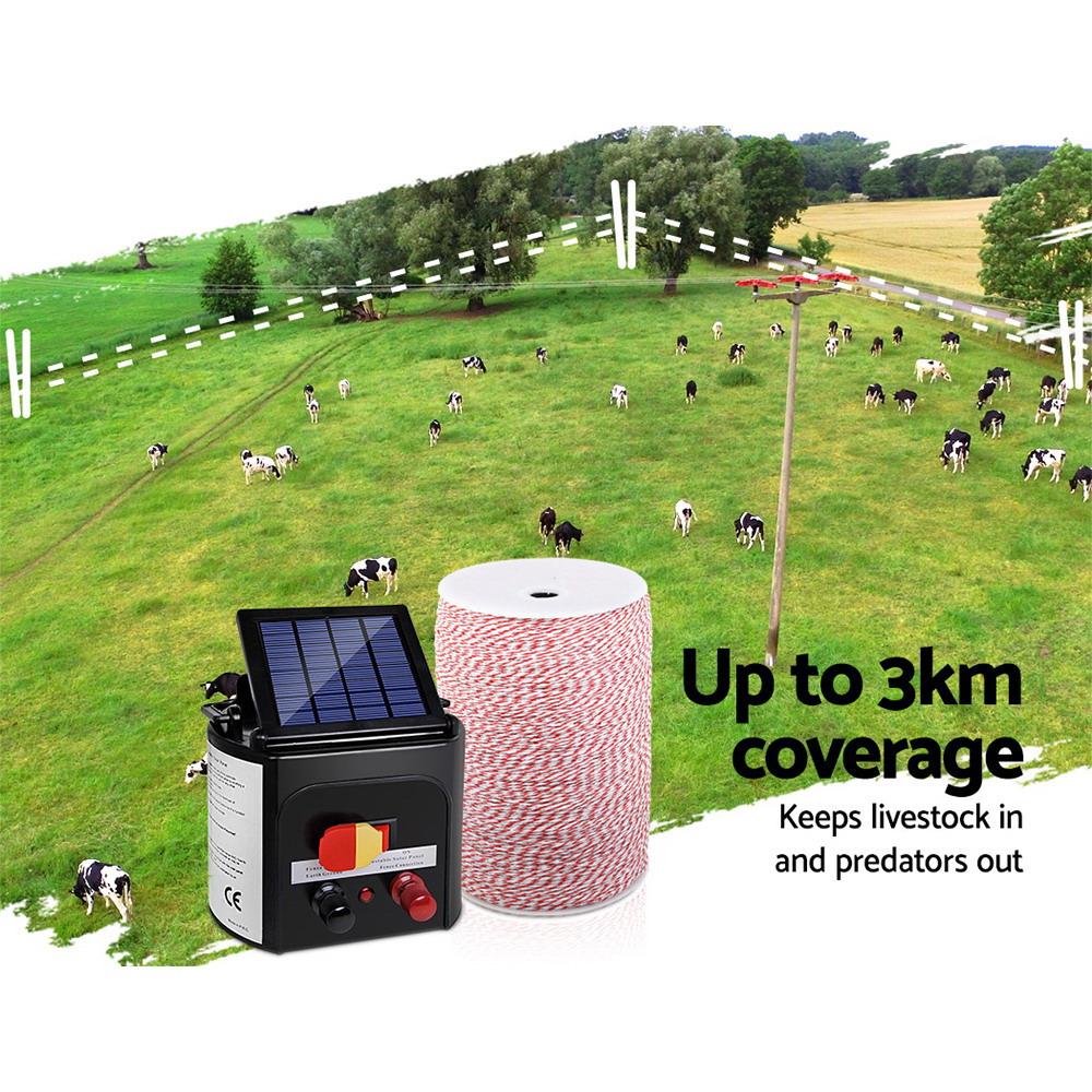 Giantz 3KM Solar Electric Fence Energiser Energizer 0.1J + 2000M Poly