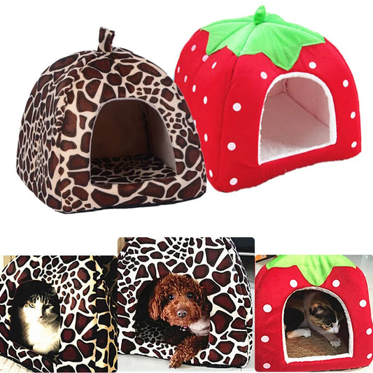 Strawberry Dog Kennel Bed for Dogs Cats Animals Foldable Pet House Leopard Bed Warm Animal Pet House S-XXL