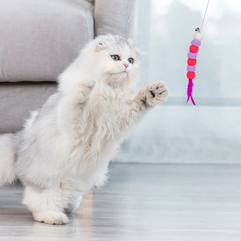 Funny Kitten Cat Teaser Interactive Toy Rod with Bell and Feather Toys for Cats Teaser Interactive Toy Rod Pet Cats Toys Stick