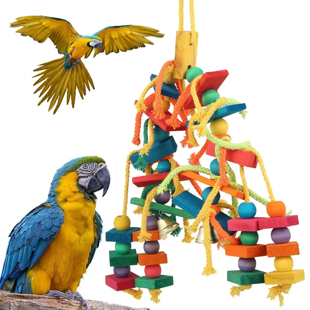 Colorful Parrot Chew Toys Natural Wooden Birds Perch Hanging Chewing Swings Cage Toy Pet Bird Climbing Ladder Game Supplies