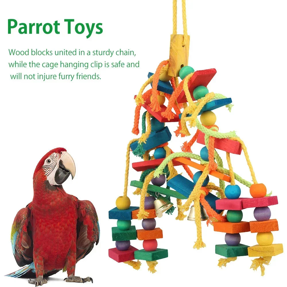 Colorful Parrot Chew Toys Natural Wooden Birds Perch Hanging Chewing Swings Cage Toy Pet Bird Climbing Ladder Game Supplies