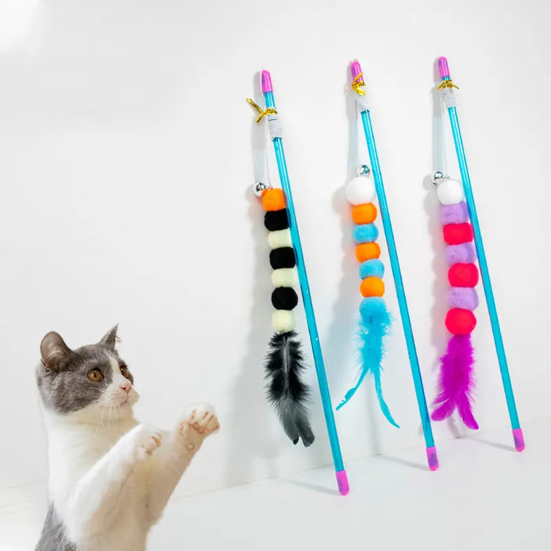 Funny Kitten Cat Teaser Interactive Toy Rod with Bell and Feather Toys for Cats Teaser Interactive Toy Rod Pet Cats Toys Stick